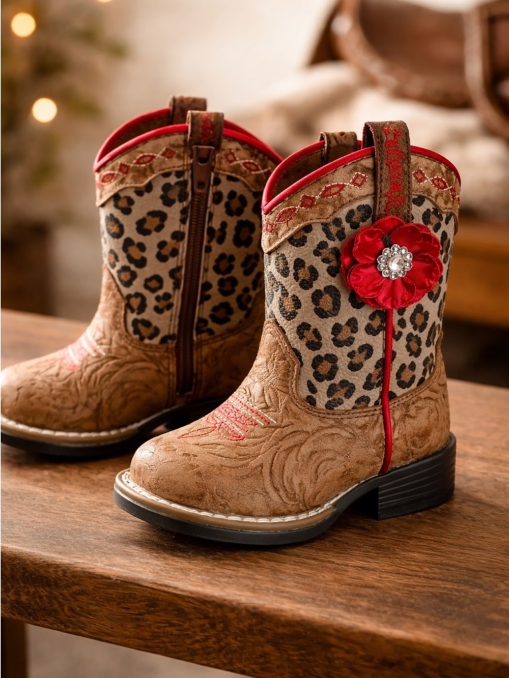 EUC Twister Toddler Avery Tan Floral Embossed Leopard Print Cowboy Boots Size 5